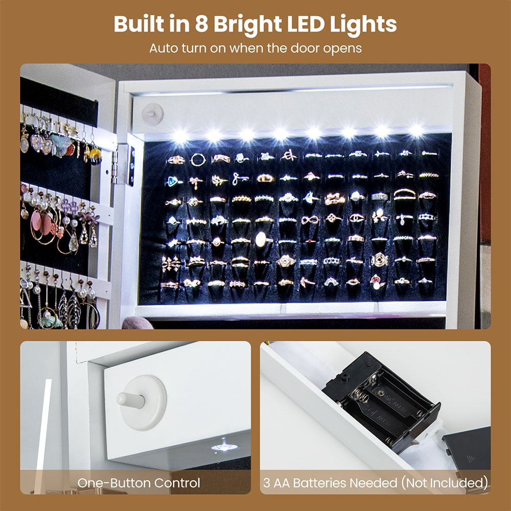Costway 3 Colour LED White Standing Jewellery Mirror Cabinet Image 7