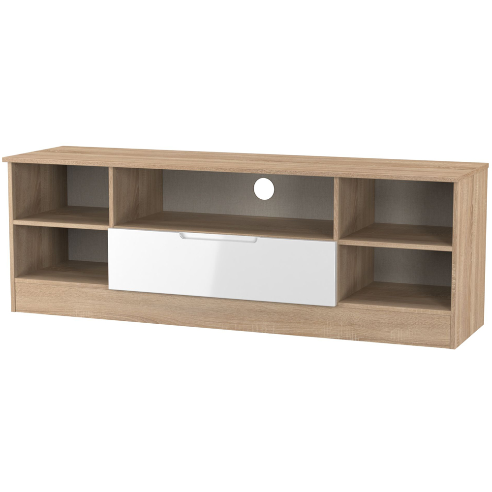 Crowndale Milan Single Drawer 5 Shelf White Gloss and Bardolino Oak Wide TV Unit Ready Assembled Image 3