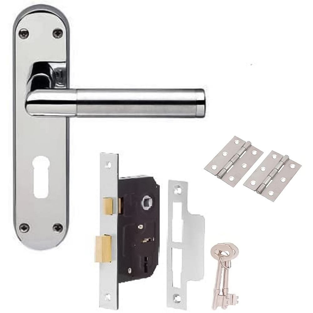 Golden Grace Duo Chrome Satin Finish Backplate Mitred Door Handle Set 182 x 45mm Image 1