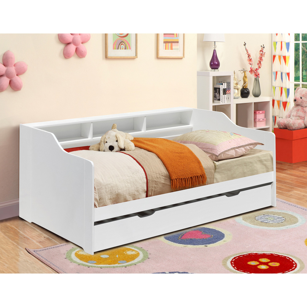Comfy Living Single White Wooden Bed with Trundle and Shelves Image 4