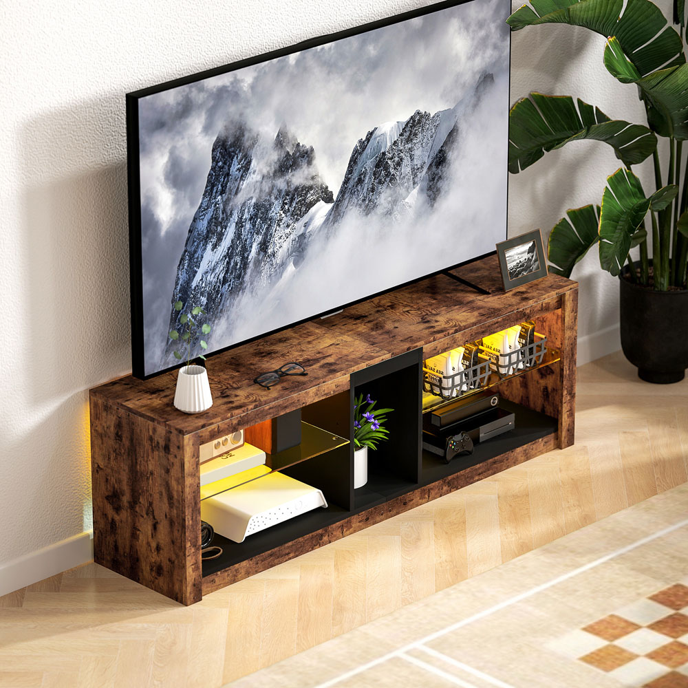 HOMCOM 4 Shelf Rustic Brown TV Stand with LED Lights Image 4