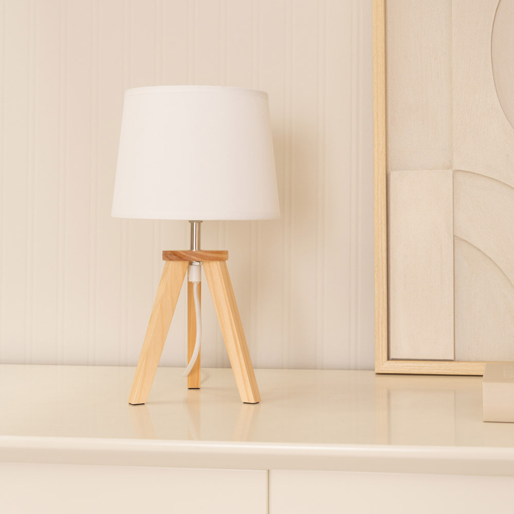ValueLights Jackson White Shade Natural Wood Tripod LED Table Lamp Image 3