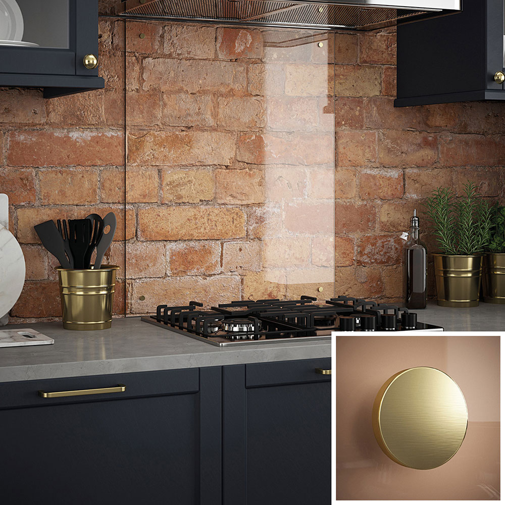 Splashback 0.6cm Thick Clear Kitchen Glass with Brushed Brass Caps 60 x 75cm Image 1
