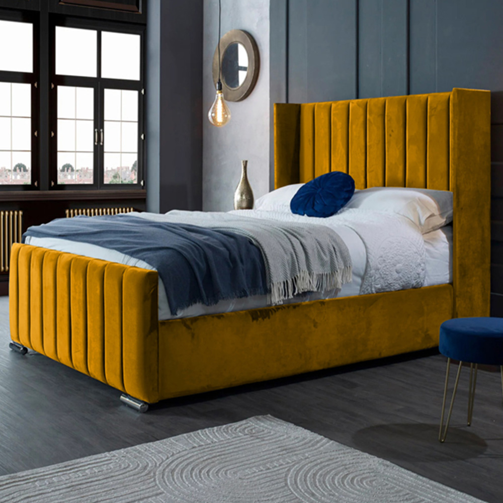 Eleganza Home Meriso King Size Mustard Plush Velvet Bed Frame with Winged Headboard Image 1