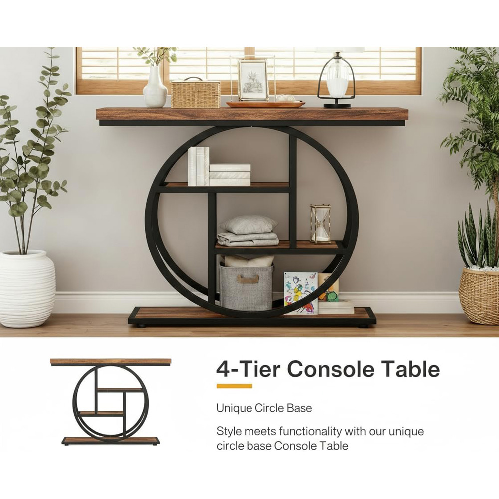 Alivio 3 Shelf Brown Rustic Wood Double Round Metal Frame Console Table Image 7