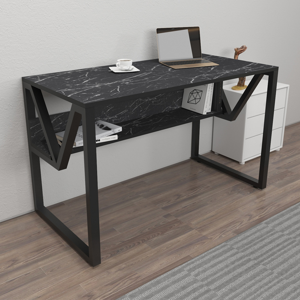 Decorotika Lona Single Shelf Study and Writing Desk Black Marble Effect and Black Image 1