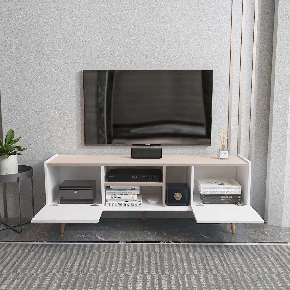 Decorotika Ecuador 2 Door 3 Shelf White and Beige TV Unit Image 4