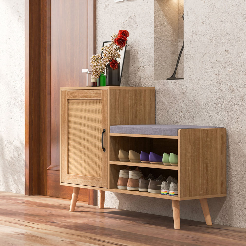 Costway Single Door 2 Shelf Natural Rattan Shoe Cabinet Bench Image 3
