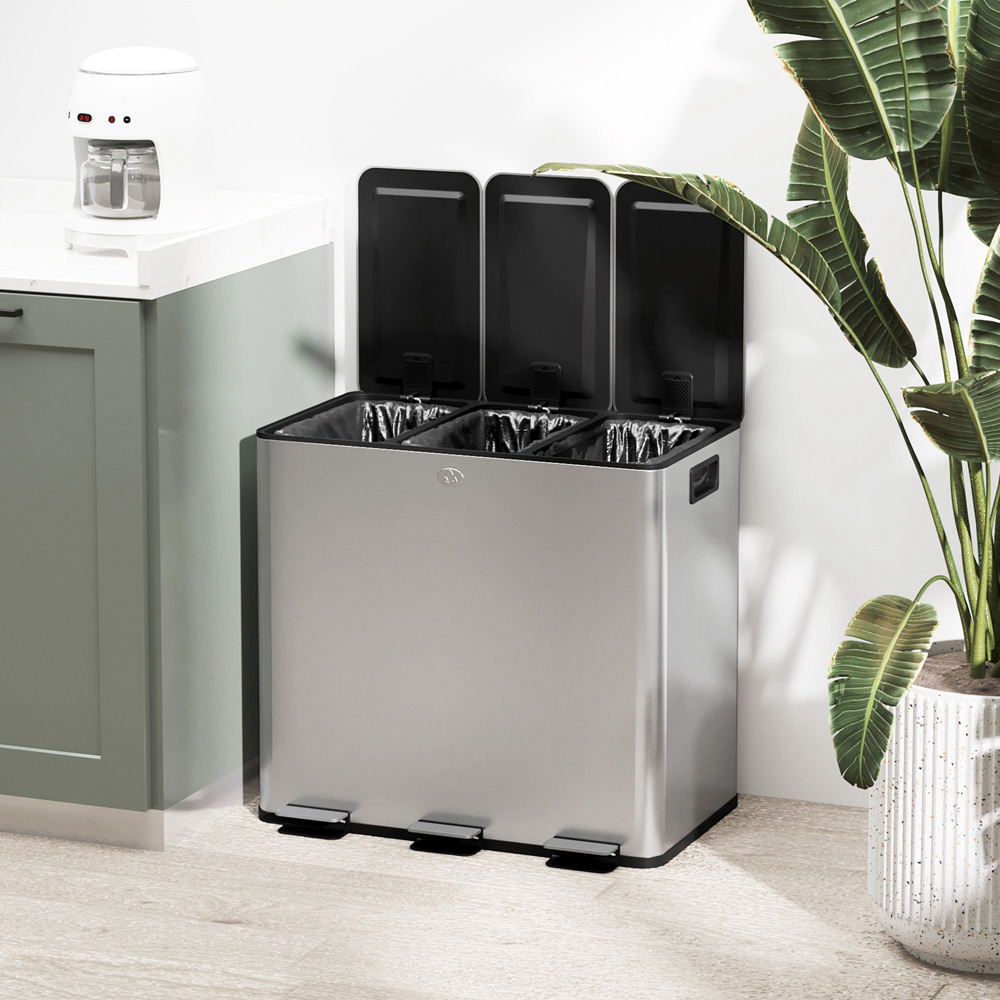 HOMCOM Silver Tone Triple Bin Kitchen Pedal Bin 45L Image 3