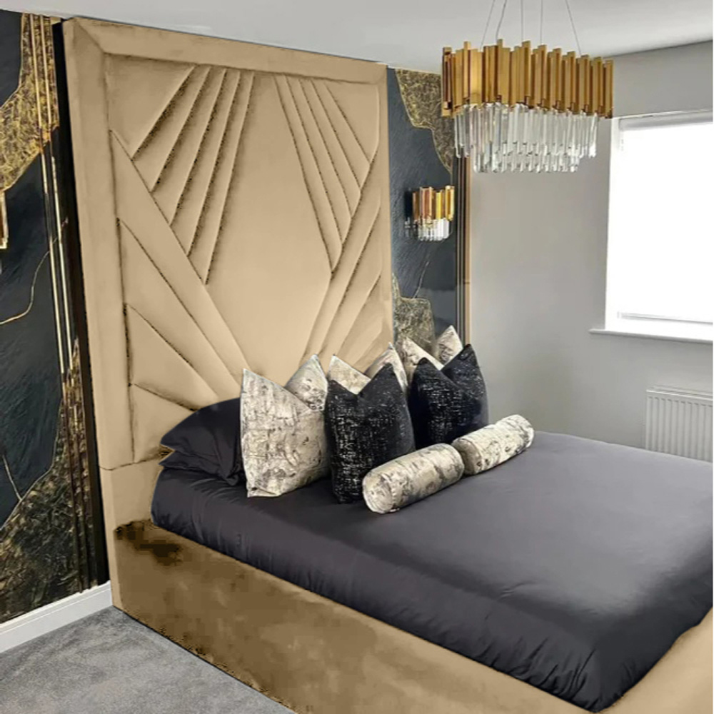 Eleganza Home Solia Double Beige Plush Velvet Bed Frame with Headboard Image 2