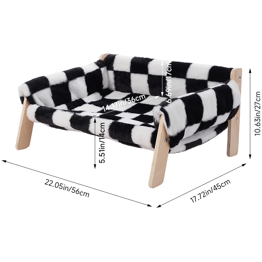 H&O Direct Long Plush Black and White Plaid Wooden Pet Sofa Image 6