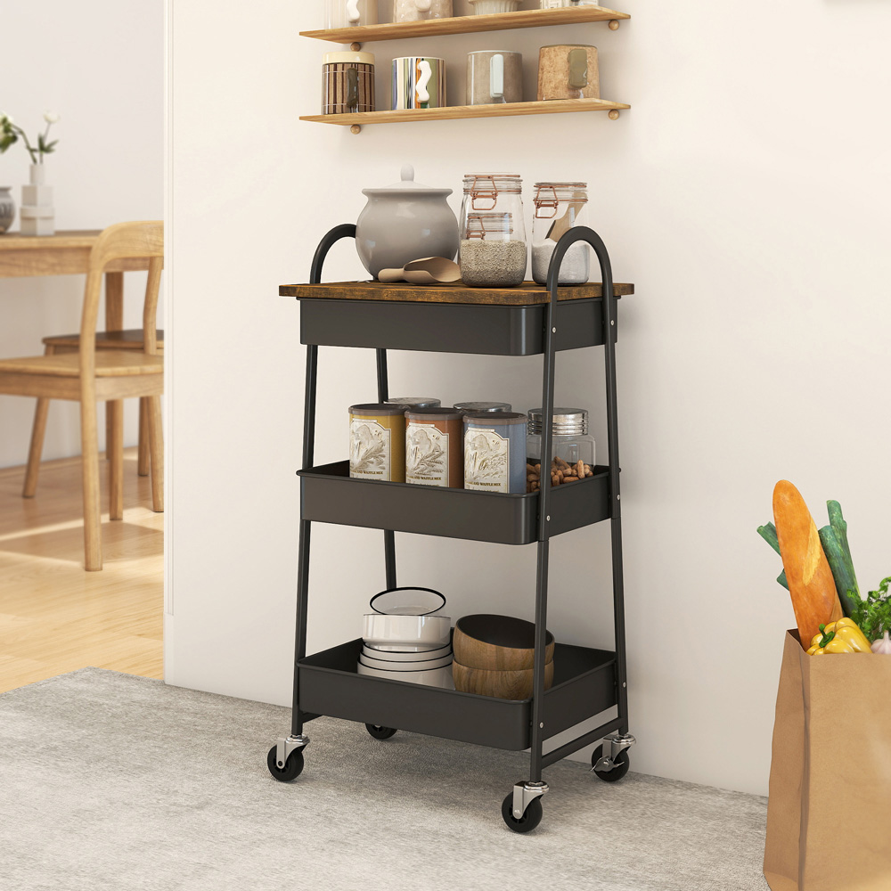 Portland 3 Tier Rustic Brown and Black Rolling Utility Cart with Mesh Baskets Image 2