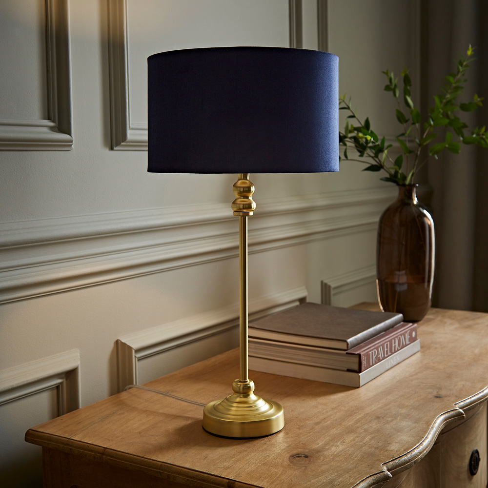 ValueLights Maggie Navy Blue Velvet and Gold Drum Shade Candlestick LED Table Lamp Image 2