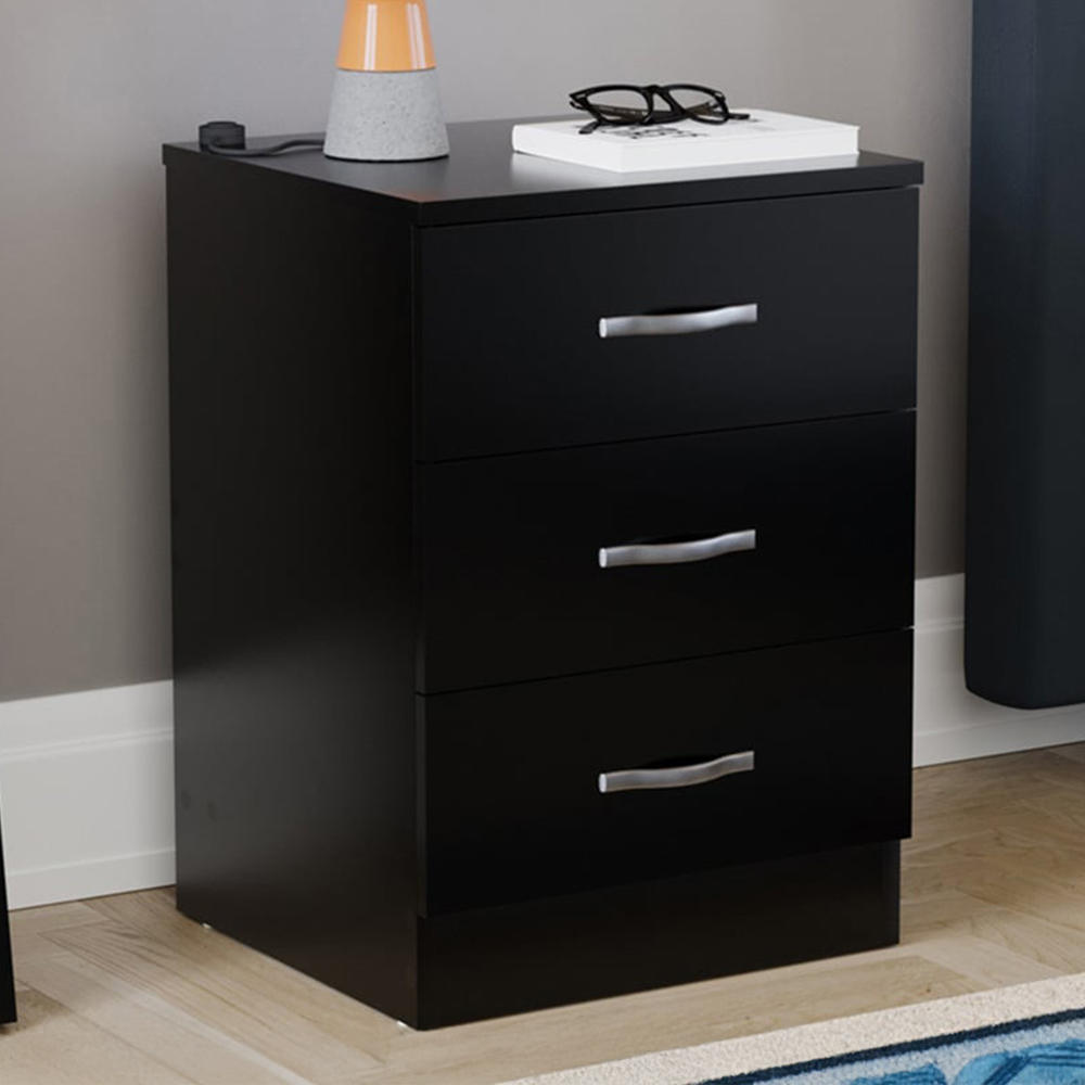 VIDA DESIGNS Riano 3 Drawer Black Bedside Table Image 1