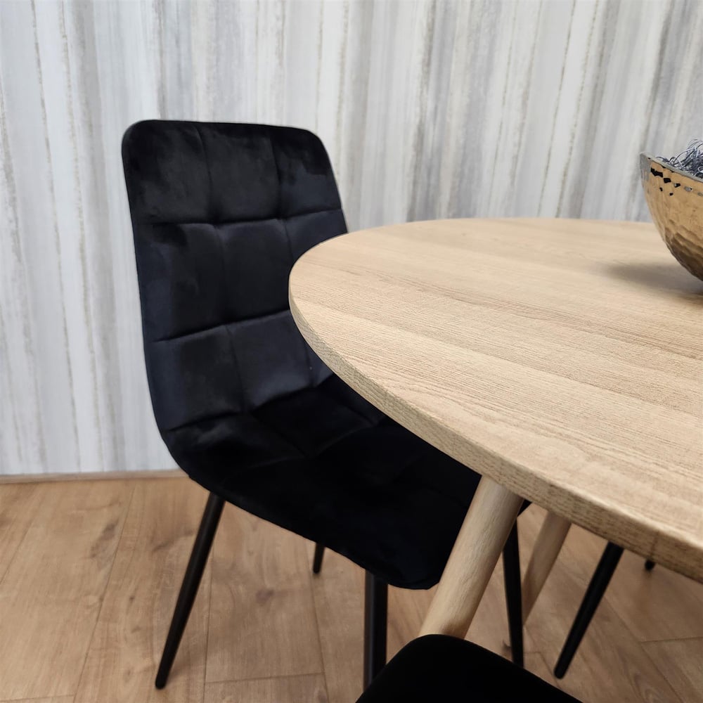 Portland 4 Seater Velvet Round Dining Set Wood Effect and Black Image 3