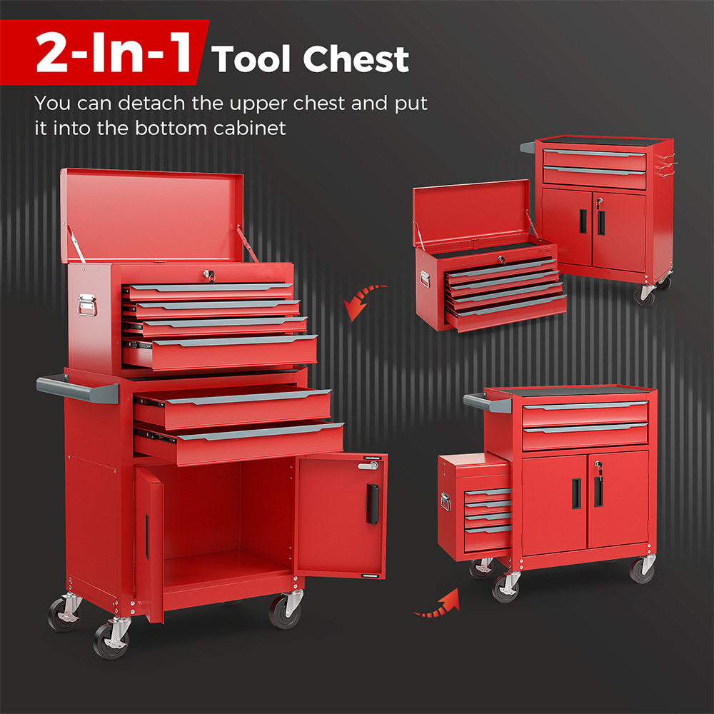 Costway 2 in 1 6 Drawer Red Rolling Tool Chest with Universal Wheels and Hooks Image 6