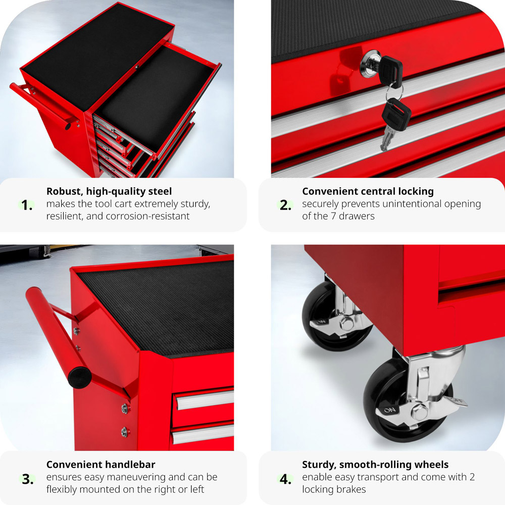 tectake 7 Drawer Red Tool Chest of Drawers with Wheels Image 4
