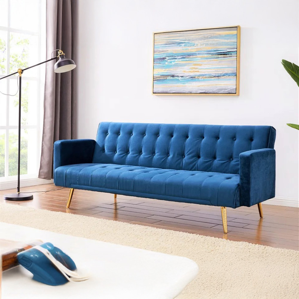 Comfy Living 3 Seater Blue and Gold Plush Velvet Sofa Bed Image 7