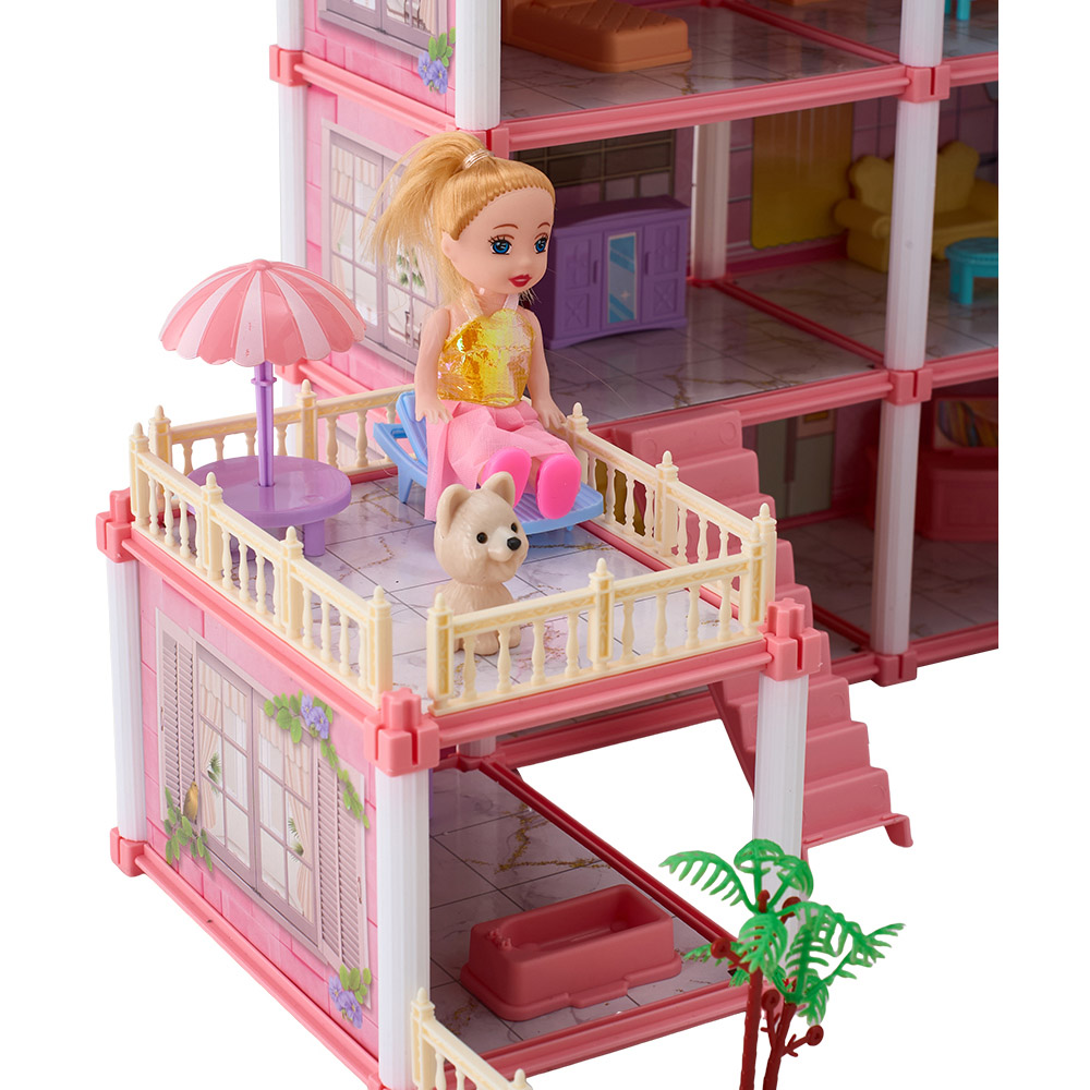 H&O Direct 245 Piece Kids Pink 4 Storey Dollhouse Playset with Furniture Image 5