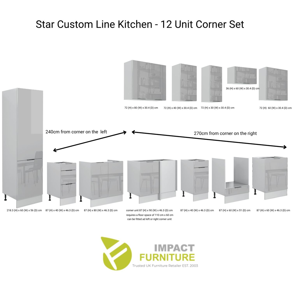 Impact Furniture Star Light Grey Gloss L-Shaped Corner Kitchen Cabinet Unit Set of 11 Image 3