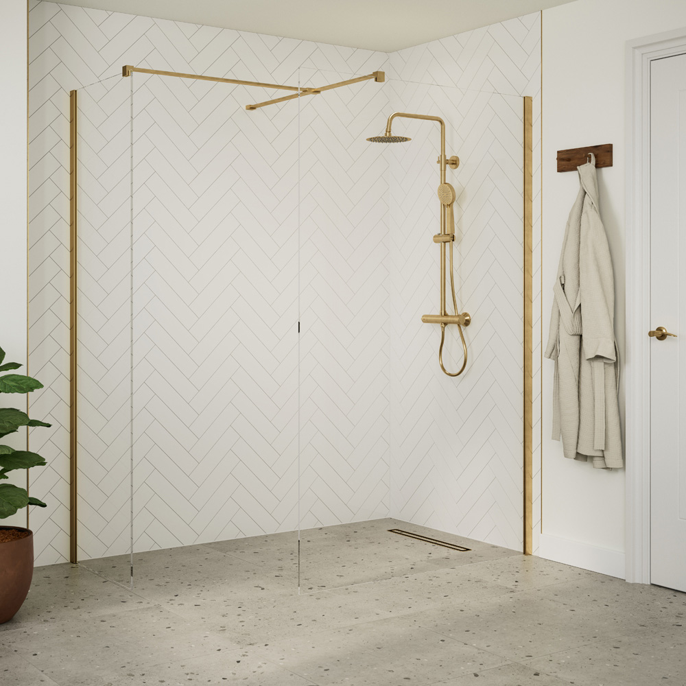 Bathstore Nero Glass Wetroom Shower Panel with Brushed Brass Profile and Side Bar 500mm Image 2