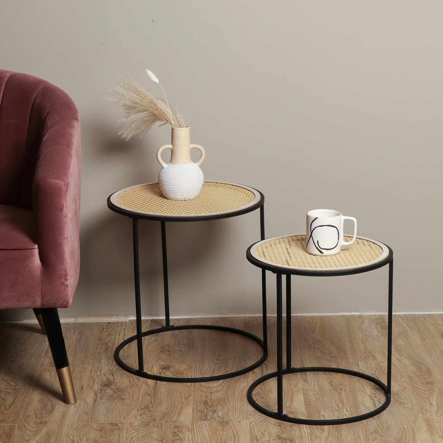 Set of 2 Rattan Side Table - Black Image 1