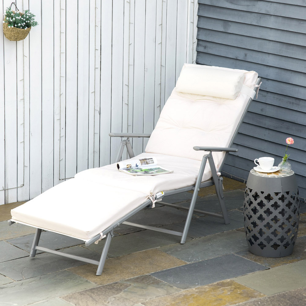 Outsunny Cream White Foldable Sun Lounger with Cushion Image 1