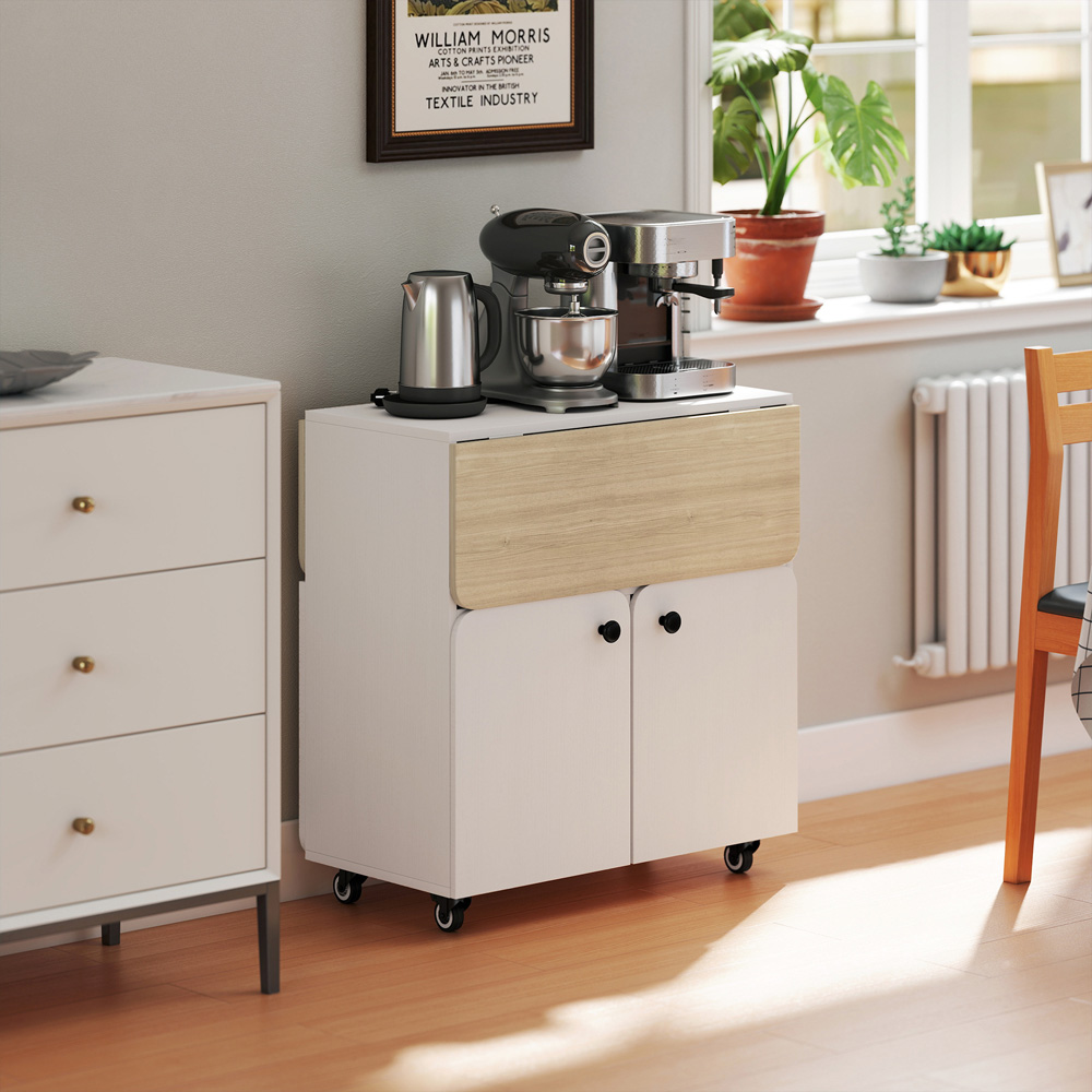 Portland 2 Drawer White Rolling Drop Leaf Dining Table with Hidden Shelf Image 3