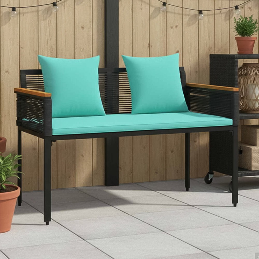 vidaXL Black and Turquoise Poly Rattan Garden Bench with Cushion 117 x 54 x 74.5cm Image 1