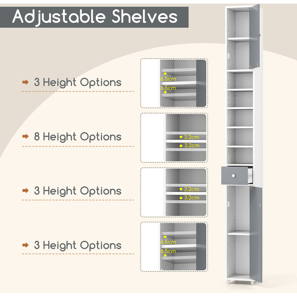 Costway Single Drawer 2 Door 5 Shelf Grey and White Tall Freestanding Bathroom Cabinet Image 5