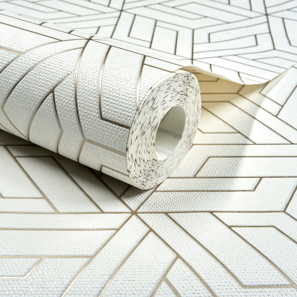 Grandeco Cobra Geometric Metallic White Vinyl Wallpaper Image 2