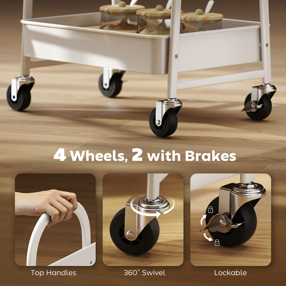 Portland 3 Tier White and Oak Rolling Utility Cart with Mesh Baskets Image 6