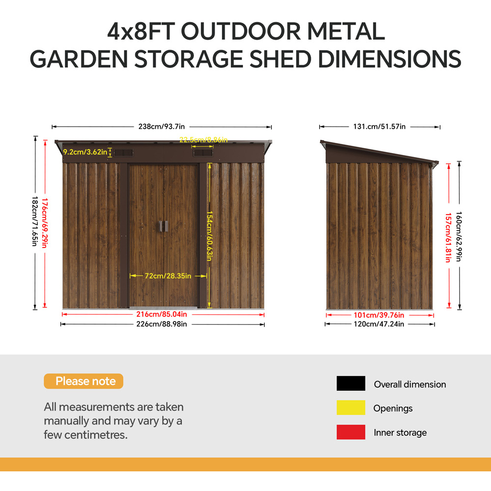 Living and Home 8 x 4ft Brown Wood Grain Finish Metal Pent Garden Shed Image 8