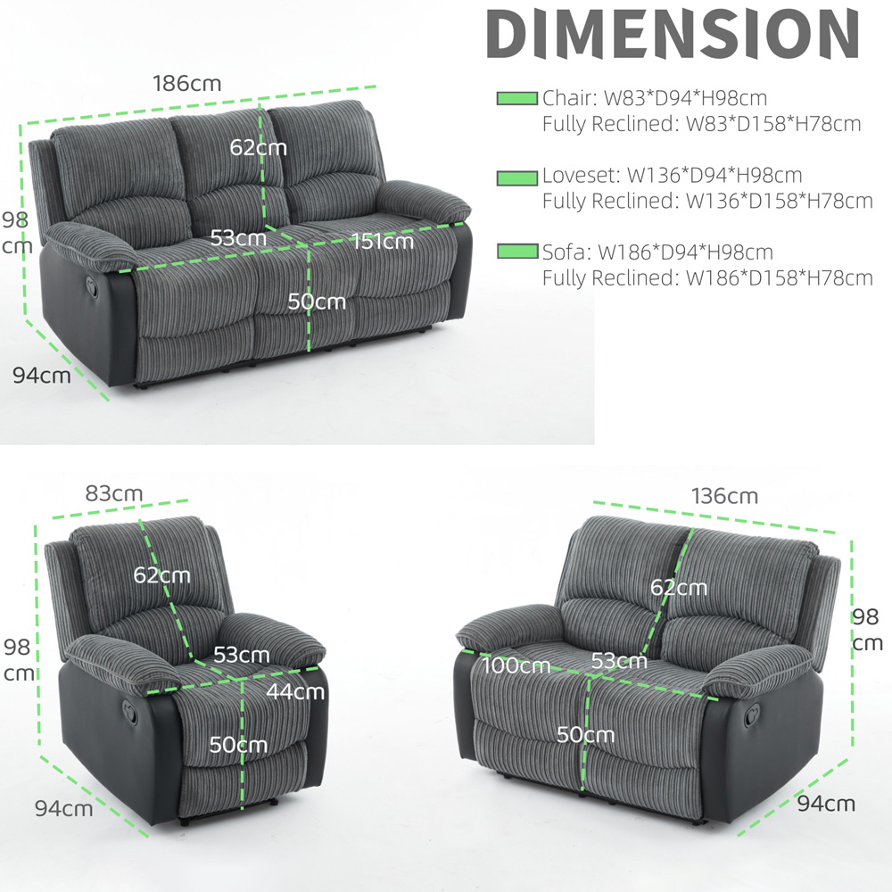 Langham 6 Seater Grey Manual Recliner Sofa Set Image 8