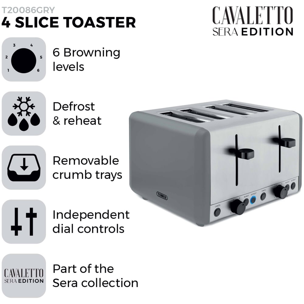 Tower Sera T20086GRY Grey 4 Slice Toaster Image 3