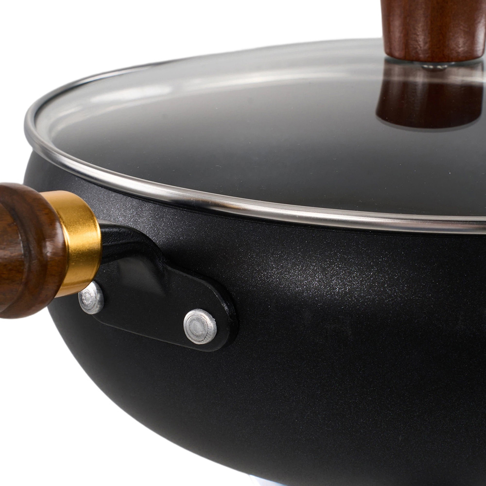 Living and Home 28cm Black Iron Deep Wok Pan with Glass Lid Image 6