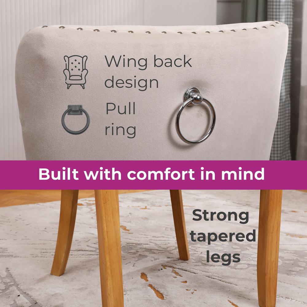 Neo Set of 2 Natural Studded Velvet Dining Chairs with Ring Knocker Detail Image 9