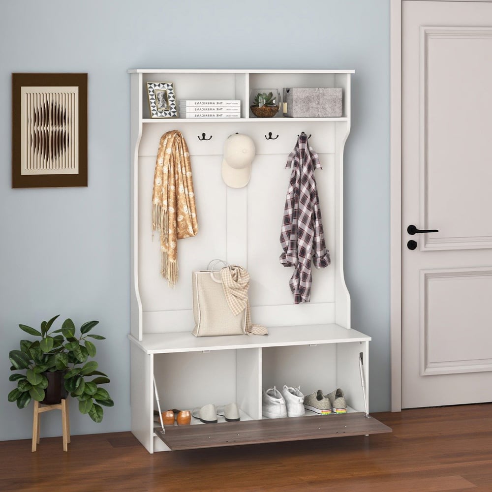 Costway 2 Shelf 5 Double Hook White Freestanding Coat Rack Image 4