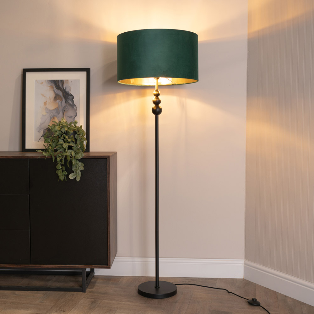 ValueLight Marissa Forest Green Velvet Gold Inner Shade Black Stacked Ball LED Floor Lamp Image 3