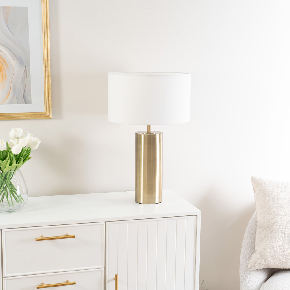 ValueLights Lexy Reni White Drum Shade Antique Brass Dimmable LED Touch Table Lamp Image 5