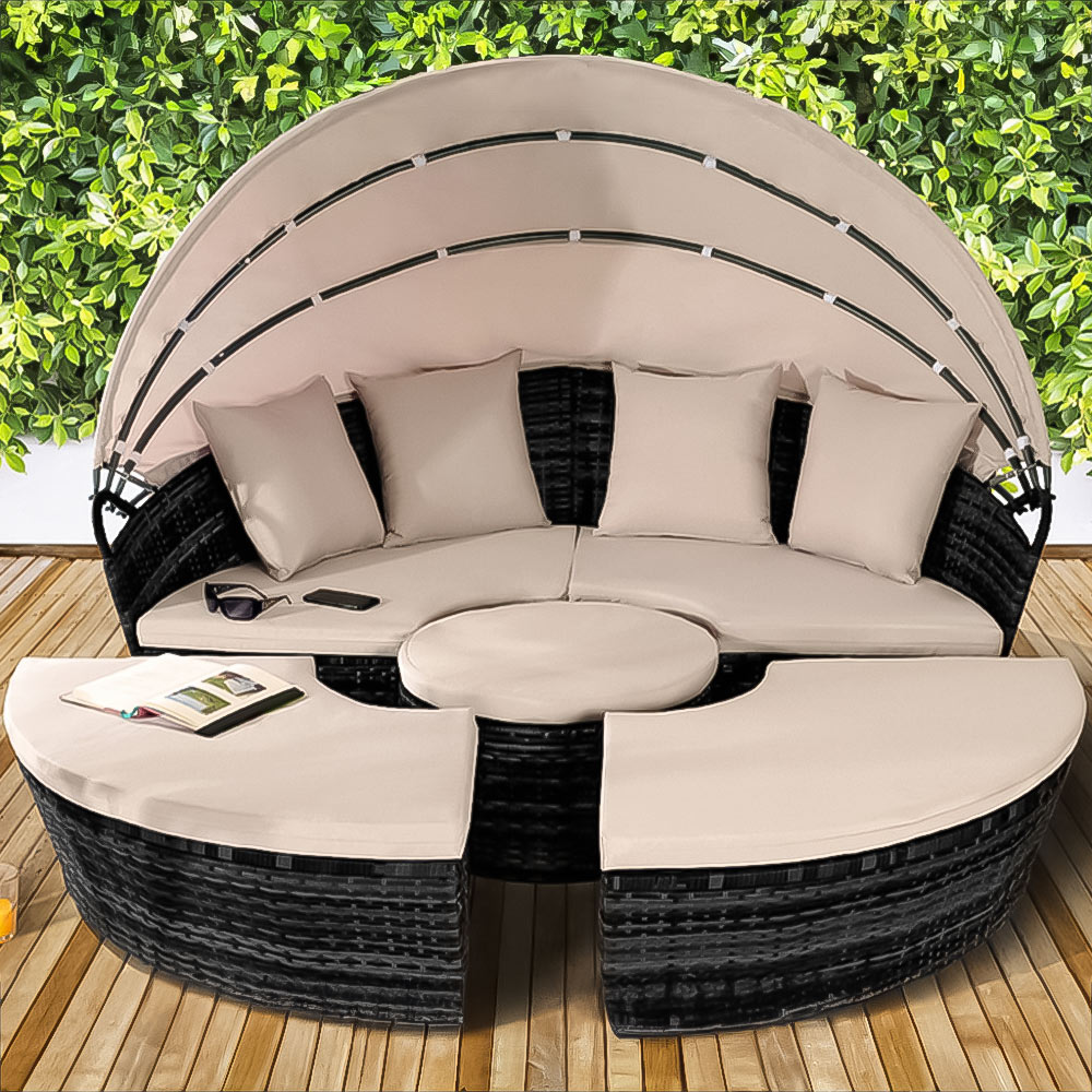 Brooklyn Luxury 8 Seater Black Rattan Sun Lounger Sofa Set with Canopy 180cm Image 1