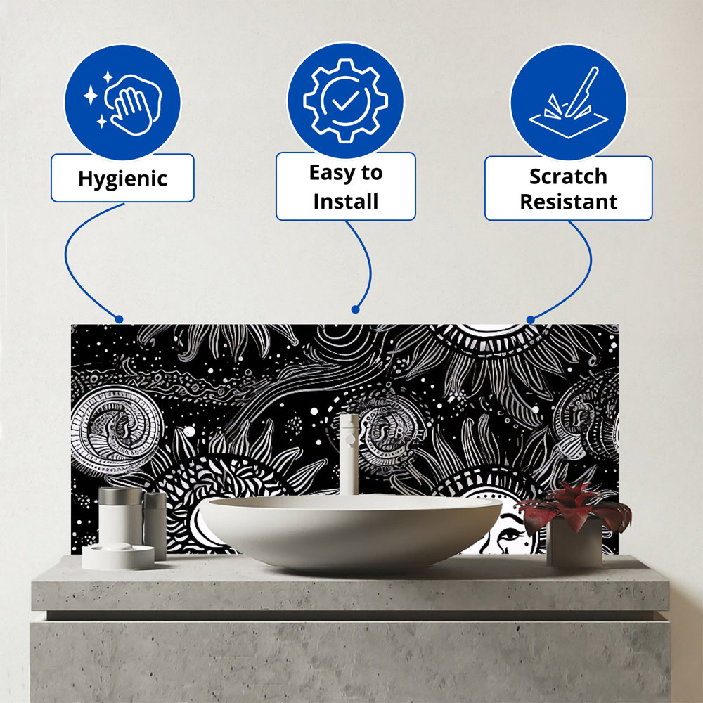 Warren Reed Designer Moon and Sun White Black Glass Bathroom Splashback 25 x 60cm Image 3
