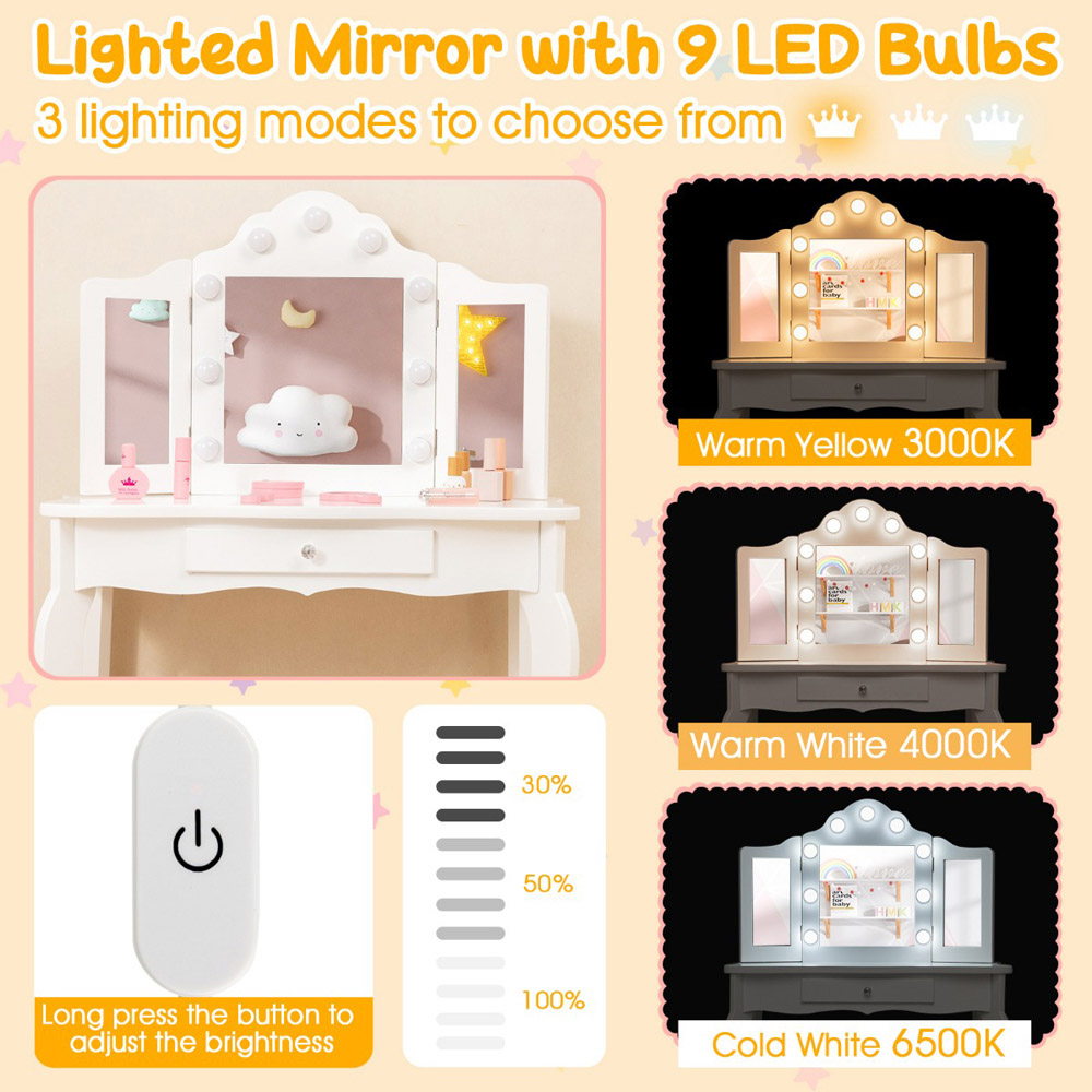 Costway Kids White Vanity Table and Stool Set with Tri Folding Mirror Image 5