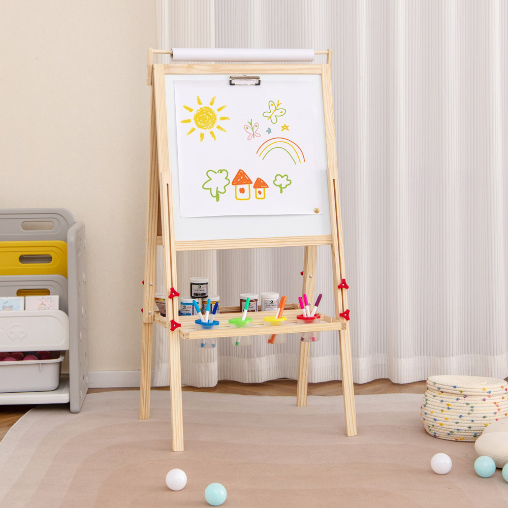 Costway Kids Natural Double Sided Height Adjustable Wooden Art Easel Image 2