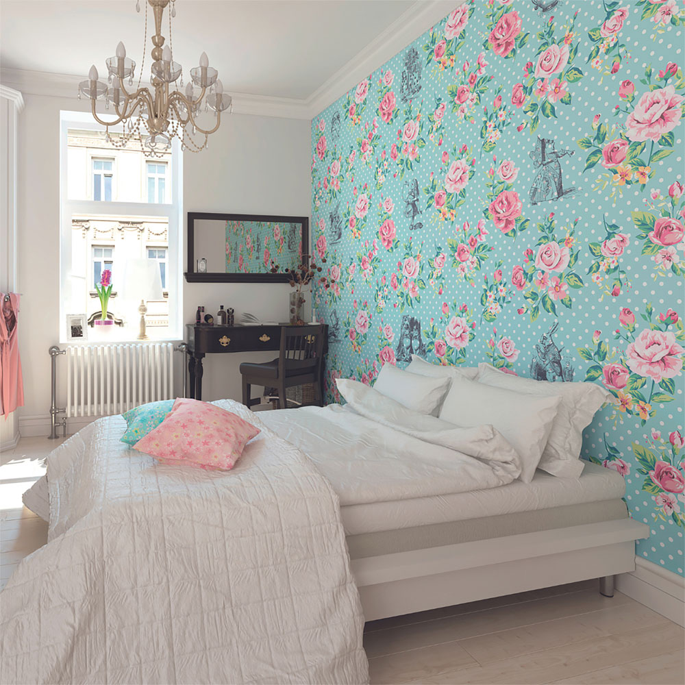 Origin Murals Alice in Wonderland English Rose Print Blue Wall Mural Image 3