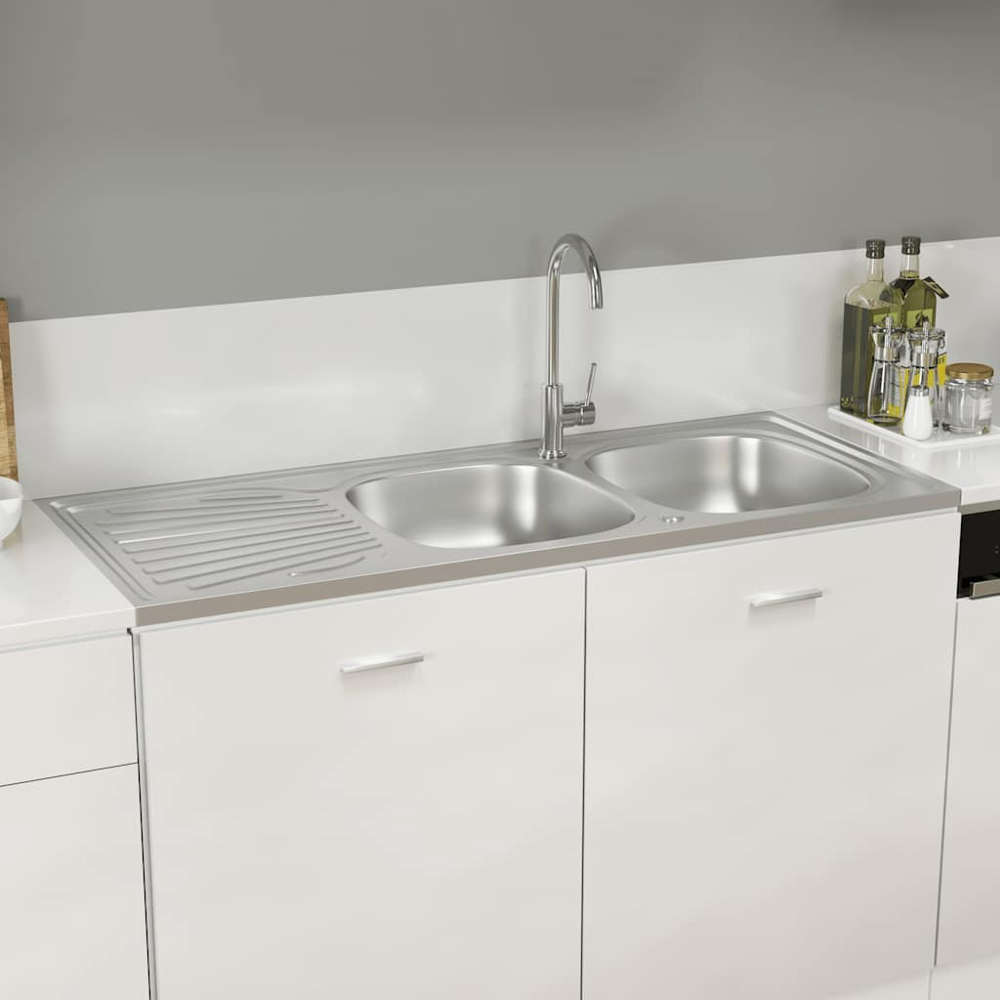 vidaXL Silver Stainless Steel Kitchen Sink with Double Basin and Drainer Set 1200 x 600 x 155mm Image 2