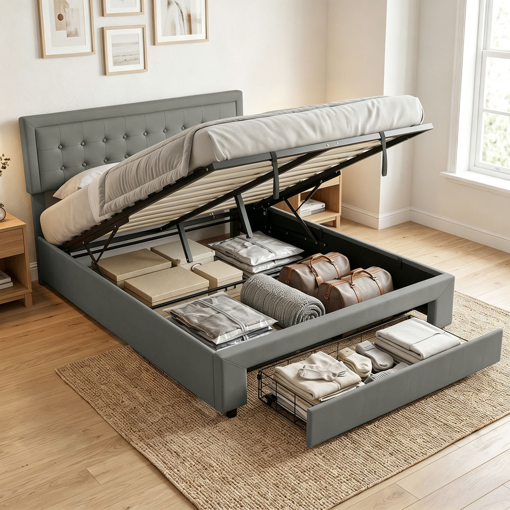 HOMCOM King Size Grey Bed Frame with Storage and Adjustable Headboard Image 1