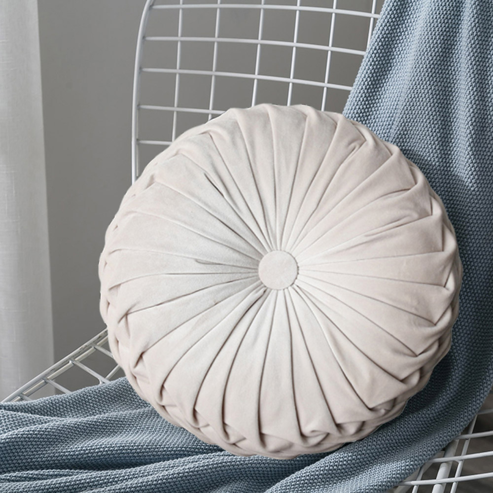 Living and Home Beige Round Pleated Pumpkin Velvet Cushion 45cm Image 8