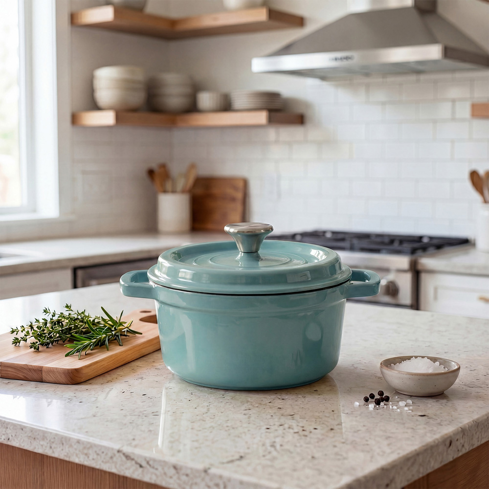 Living and Home 2.8L Emerald Green Enamelled Cast Iron Dutch Oven Image 2