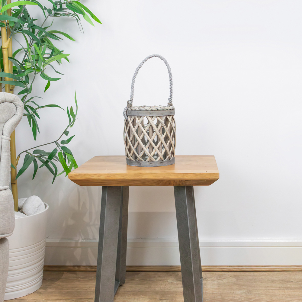 JVL Luna Grey Wash Natural Willow Wood Lantern with Braided Rope Handle Image 7